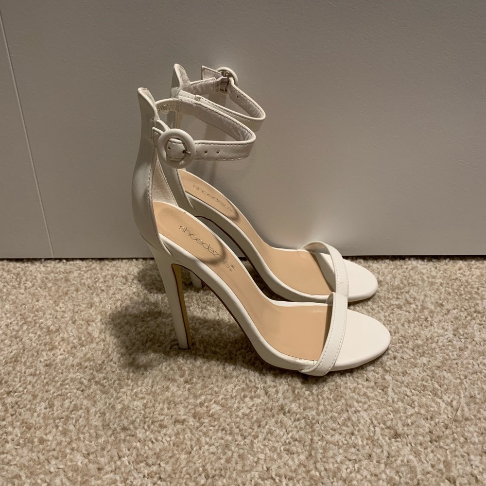 White ankle strap heels